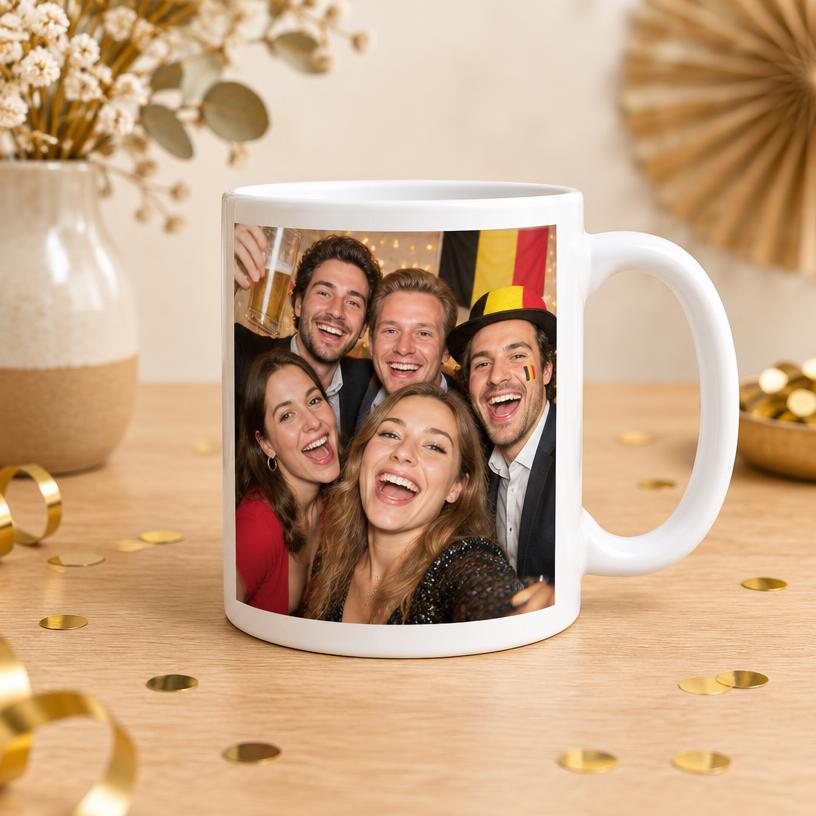 Koffietas met feestfoto als voorbeeld